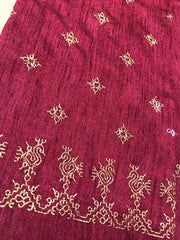 Maroon peacock kasuti blouse showing close-up embroidered peacock motif